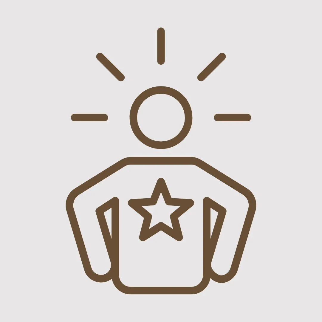 A beaming person with a star on their chest